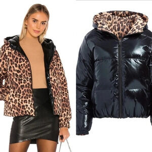 Alice + Olivia Durham black leopard print reversible puffer jacket size small